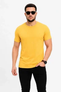 Erkek Basic Tişört Bisiklet Yaka Kısa Kol Günlük Yazlık Slim fit T-Shirt - Sarı