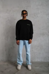 Erkek Bisiklet Yaka Baskılı 3 iplik pamuklu Sweatshirt - Siyah