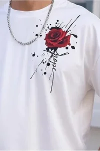 Erkek Kısa Kol Yazlık Tişört Bisiklet Yaka GÜL Baskılı T-Shirt - Beyaz