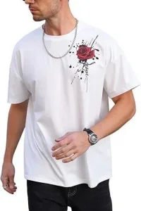 Erkek Kısa Kol Yazlık Tişört Bisiklet Yaka GÜL Baskılı T-Shirt - Beyaz