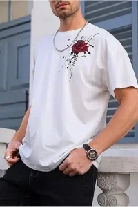 Erkek Kısa Kol Yazlık Tişört Bisiklet Yaka GÜL Baskılı T-Shirt - Beyaz