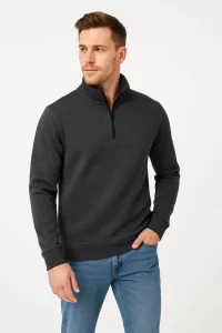 Erkek Dik Yaka Yarım Fermuarlı 3 İplik Pamuklu Sweatshirt -  Antrasit