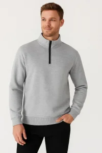 Erkek Dik Yaka Yarım Fermuarlı 3 İplik Pamuklu Sweatshirt - Gri