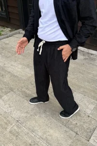 Erkek Fitilli Kadife Cepli Buggy Pantolon Oversize Rahat Kalıp - Siyah