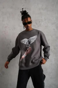 Erkek Güvercin Baskılı 3 iplik pamuklu Bisiklet Yaka Sweatshirt - Gri