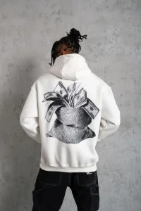 Erkek 3 İplik Pamuklu Kapüşonlu Baskılı Cepli Oversize Sweatshirt Hoodie - Beyaz