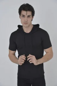 Kadın Kapüşonlu T-Shirt Kısa Kol Bisiklet Yaka Slimfit Tişört    - Siyah
