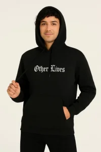 Erkek Kapüşonlu Kanguru Cepli Sweatshirt 3 İplik Pamuklu Baskılı Hoodie - Siyah