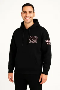 Erkek Kapüşonlu Kanguru Cepli Sweatshirt 3 İplik Pamuklu Baskılı Hoodie - Siyah