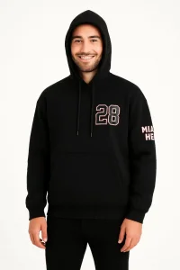 Erkek Kapüşonlu Kanguru Cepli Sweatshirt 3 İplik Pamuklu Baskılı Hoodie - Siyah