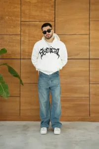 Erkek Kapüşonlu 3 İplik Şardonlu Önü Baskılı Fermuarlı Oversize Sweatshirt - Beyaz