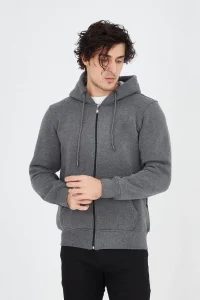 Erkek 3 İplik Pamuklu Fermuarlı Kapüşonlu Kanguru Cepli Hoodie Hırka Sweatshirt - Füme