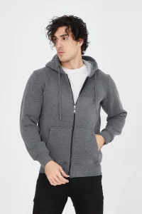 Erkek 3 İplik Pamuklu Fermuarlı Kapüşonlu Kanguru Cepli Hoodie Hırka Sweatshirt - Füme