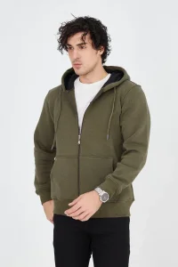 Erkek 3 İplik Pamuklu Fermuarlı Kapüşonlu Kanguru Cepli Hoodie Hırka Sweatshirt - Yeşil