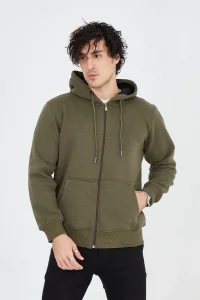 Erkek 3 İplik Pamuklu Fermuarlı Kapüşonlu Kanguru Cepli Hoodie Hırka Sweatshirt - Yeşil