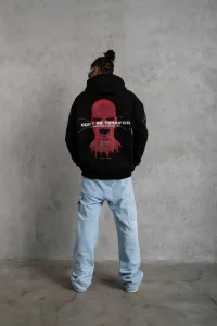 Erkek 3 İplik Pamuklu Kapüşonlu Baskılı Cepli Oversize Sweatshirt Hoodie - Siyah
