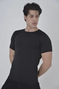 Erkek Omuz Fileli T-Shirt Kısa Kol Bisiklet Yaka Slimfit Tişört   - Siyah