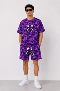 Erkek Oversize Kalıp Pubg Bape X Shark Nakışlı Cepli Şort Takım - Mor
