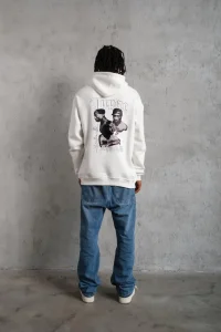 Erkek Kapüşonlu Kanguru Cepli Sweatshirt 3 İplik Pamuklu Baskılı Hoodie - Beyaz