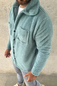 Erkek Pelüş Polar Hırka Gömlek Yakalı İlik Düğmeli Göğüs Cepli Yumuşak - Bebe Mavisi