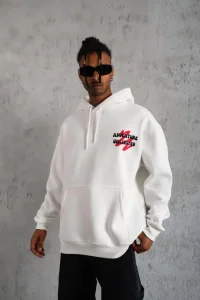 Erkek 3 İplik Pamuklu Kapüşonlu Baskılı Cepli Oversize Sweatshirt Hoodie - Beyaz