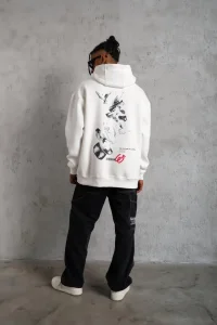 Erkek 3 İplik Pamuklu Kapüşonlu Baskılı Cepli Oversize Sweatshirt Hoodie - Beyaz