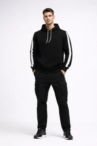 Erkek Şeritli Kapüşonlu Sweatshirt Oversize 3 iplik Pamuklu Hoodie - Siyah