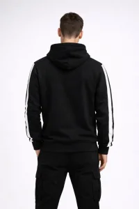 Erkek Şeritli Kapüşonlu Sweatshirt Oversize 3 iplik Pamuklu Hoodie - Siyah