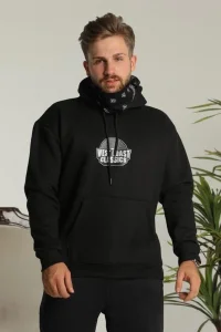 Erkek 3 İplik Pamuklu Kapüşonlu Baskılı Cepli Oversize Sweatshirt Hoodie - Siyah