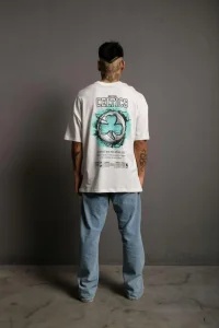 Erkek Kısa Kol Yazlık Tişört Bisiklet Yaka Baskılı Oversize T-Shirt - Beyaz