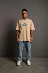Erkek Kısa Kol Yazlık Tişört Bisiklet Yaka Baskılı Oversize T-Shirt - Bej
