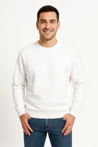 Erkek 3 İplik Pamuklu Düz Bisiklet Yaka SweatShirt - Beyaz