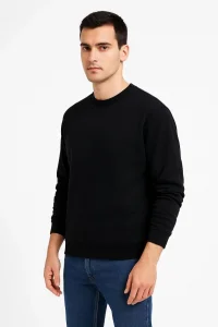 Erkek 3 İplik Pamuklu Düz Bisiklet Yaka SweatShirt - Siyah
