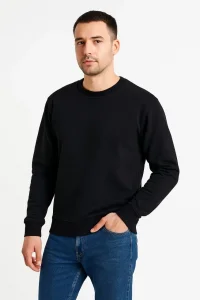 Erkek 3 İplik Pamuklu Düz Bisiklet Yaka SweatShirt - Siyah