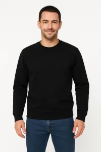 Erkek 3 İplik Pamuklu Düz Bisiklet Yaka SweatShirt - Siyah
