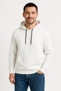Erkek 3 İplik Pamuklu Kapüşonlu Kanguru Cepli SweatShirt hoodie - Beyaz