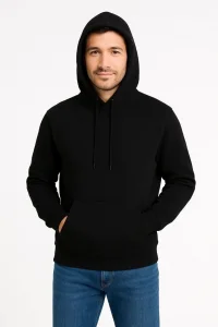 Erkek 3 İplik Pamuklu Kapüşonlu Kanguru Cepli SweatShirt hoodie - Siyah