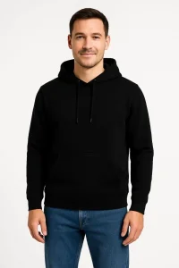 Erkek 3 İplik Pamuklu Kapüşonlu Kanguru Cepli SweatShirt hoodie - Siyah