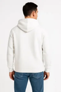 Erkek 3 İplik Pamuklu Kapüşonlu Tam Fermuarlı Cepli Hoodie Sweatshirt - Beyaz