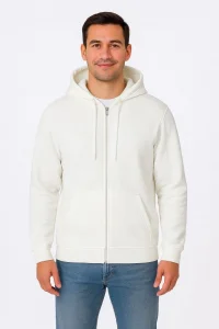 Erkek 3 İplik Pamuklu Kapüşonlu Tam Fermuarlı Cepli Hoodie Sweatshirt - Beyaz