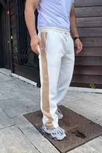 Erkek 3 İplik Pamukku Garnili Şeritli Cepli Eşofman Altı Pantolon - Beyaz