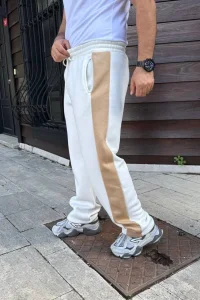 Erkek 3 İplik Pamukku Garnili Şeritli Cepli Eşofman Altı Pantolon - Beyaz