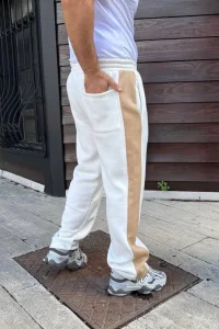 Erkek 3 İplik Pamukku Garnili Şeritli Cepli Eşofman Altı Pantolon - Beyaz