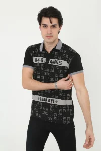Erkek Polo Yaka tişört Slim Fit Baskılı Kısa kol T-Shirt - Siyah