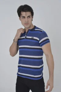 Erkek Polo Yaka tişört Slim Fit Dokuma Çizgili T-Shirt - Mavi