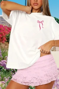 Kadın Tişört fiyonk baskılı Bisiklet yaka yazlık Kısa Kol oversize t-shirt - Beyaz