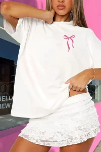 Kadın Tişört fiyonk baskılı Bisiklet yaka yazlık Kısa Kol oversize t-shirt - Beyaz