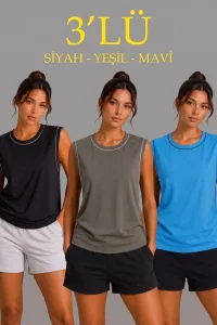 Kadın 3’lü Kolsuz Sporcu Atlet Seti Yazlık Bisiklet Yaka - Siyah, Haki, Mavi