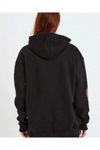 Kadın Oversize Kapüşonlu Cepli Ön Kol Baskılı 3 İplik Pamuklu Hoodie Sweatshirt - Siyah