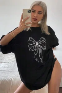 Kadın Fiyonk Baskılı T-Shirt Kısa Kol Bisiklet Yaka Oversize Tişört - Siyah
